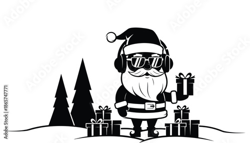 A cool Santa Claus wearing sunglasses and headphones silhouette at Christmas time