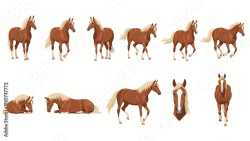 Comprehensive Vector Illustration Set of Chestnut Horse with a Flaxen Mane in Various Poses Including Running Walking Standing and Sleeping on White Background