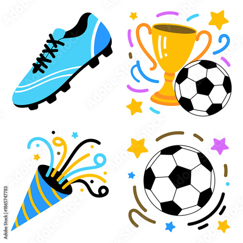 Soccer essentials and celebration elements depicting victory and joyous sports events