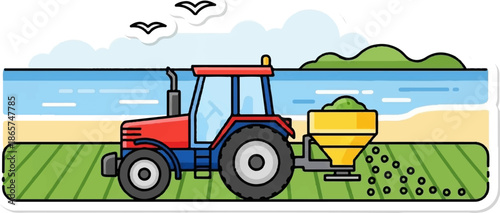 Red tractor disperses fertilizer across a green field near a blue body of water under a cloudy sky