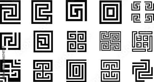 Collection of Black Greek Key and Meander Pattern Designs geometric