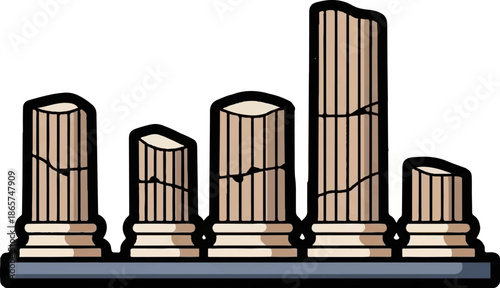 Ancient, cracked stone columns stand on a slate base