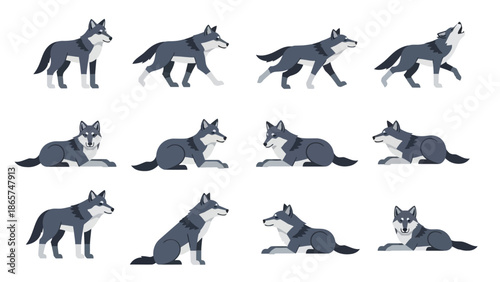 Wolf Character Design Set with Various Poses Including Running Howling Sitting and Lying Down Flat Vector Illustration for Animation and Game Development Pack.