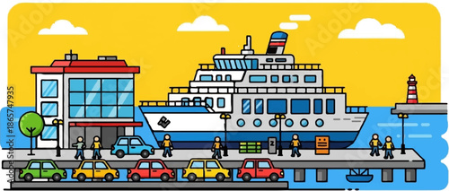 A lively harbor scene with a large ferry, cars, and people at a terminal building and pier