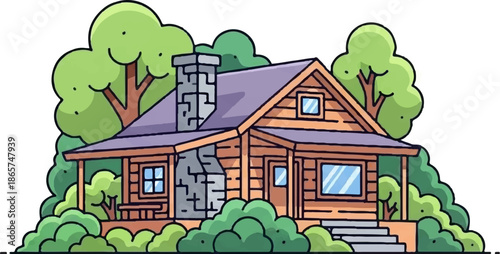 Rustic wooden cabin nestled amidst lush green trees and bushes