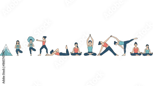 Vector illustration set of diverse women practicing different yoga poses like tree pose, lotus, and triangle for health, wellness, and fitness on white backdrop