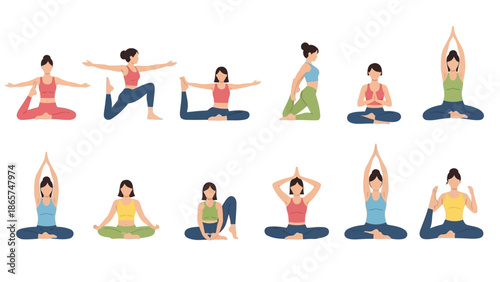 Diverse vector illustration set of young women practicing various yoga poses, stretching exercises, and meditation asanas on a clean white background for web.