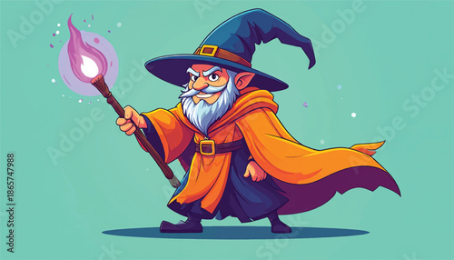 Cartoon Wizard Character with Staff and Pointed Hat.