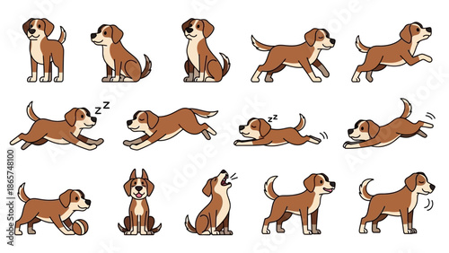 Cute Dog Character Sheet with Multiple Poses and Actions like Running, Sitting, Sleeping, and Playing with a Ball; Flat Vector Illustration for Game Design.
