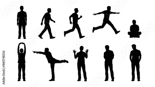 Collection of black silhouettes of men in diverse active and stationary poses including running, jumping, walking, and standing, isolated on a white background.