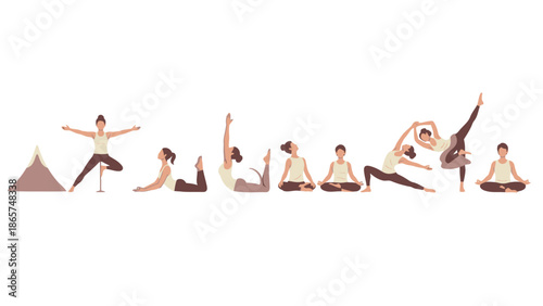 Minimalist flat vector illustration set of diverse women practicing various yoga poses and meditation asanas in a row on a clean white background for wellness.