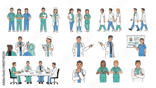 Diverse Medical Professionals Vector Illustration Set Featuring Doctors and Nurses in Various Clinical Poses, Consultations, Meetings, and Healthcare Scenarios.