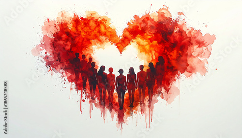 People watercolor heart community wellness minimal silhouette red unity abstract together support friendship happiness teamwork love group connection diversity creative painting illustration