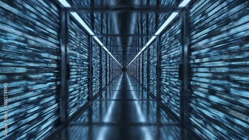Futuristic server room with rows of data storage systems.