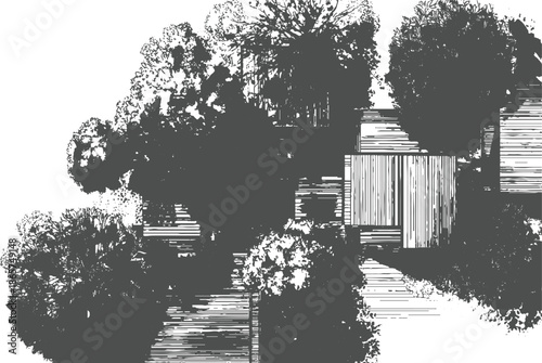 Stylized dark grey trees and foliage with striped architectural on white background bush shrub plant