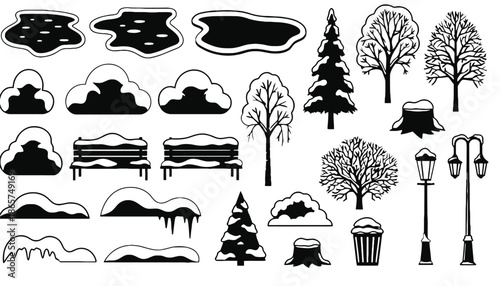 A collection of winter scenery silhouettes in black and white silhouette mode
