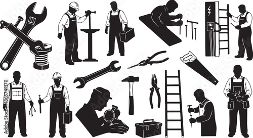 Construction Workers with Tools Silhouette Vector Illustration Set