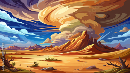 Desert storm with dramatic clouds and blowing sand