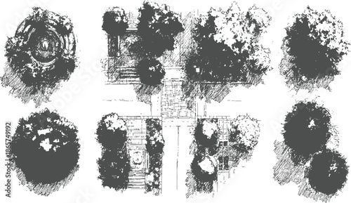 Down view of park including trees fountains and pathways garden