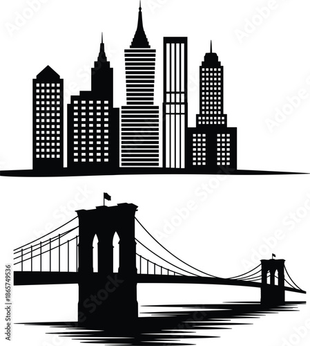 New York City skyline panorama with Brooklyn Bridge silhouette for USA travel and urban tourism vector