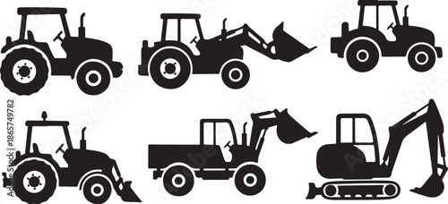 Black silhouettes of various construction vehicles and tractors
