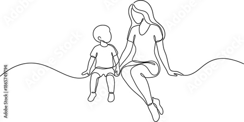 Minimalist line art illustration of mother and child sitting together holding hands, family love, motherhood bond, simple continuous outline drawing, modern parenting concept artwork