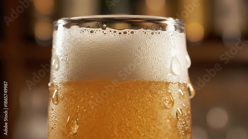 Cold beer in a glass with foam on a bar counter.