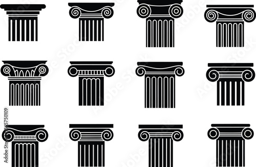 Twelve Black Ionic Column Capitals and Pillars in Grid Keywords: column, capital, ionic, greek, roman, architecture, ancient, pillar, support