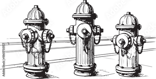 Three vintage fire hydrants standing on a street, hand-drawn sketch style vector illustration
