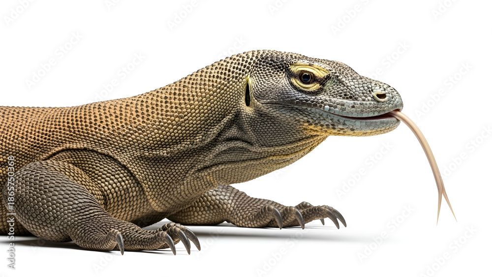 Obraz premium Realistic image of a Komodo dragon with its tongue sticking out, isolated on a clean white background, showing detailed scales and the iconic prehistoric reptile look.