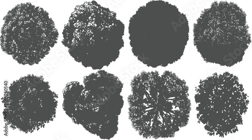 Eight dark grey abstract organic shapes resembling foliage clusters on white background