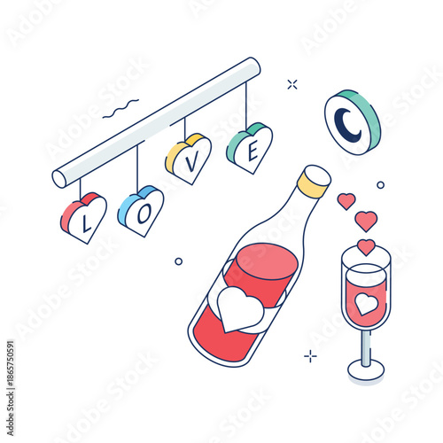 Elegant isometric illustration of valentines toast celebration moment