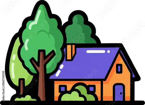 A stylized illustration of a cozy house nestled amongst lush green trees