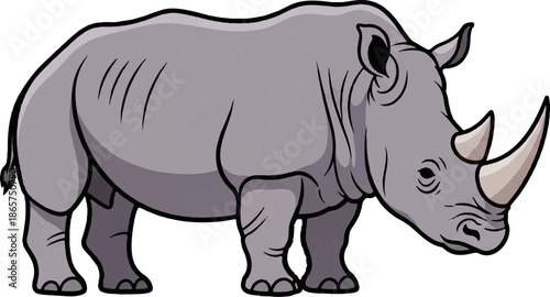 Cartoon rhino with thick grey skin, two horns, and a short tail