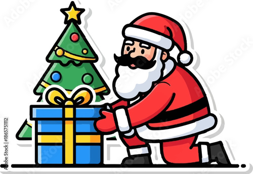 Festive Santa Claus kneels beside a decorated Christmas tree, presenting a blue gift box
