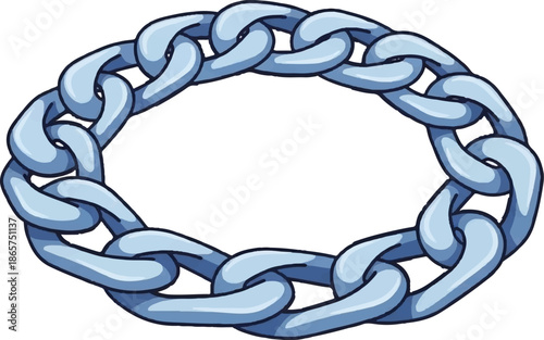 A metallic, light blue chain forms an oval loop on a white background