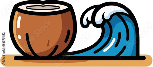 A halved coconut rests on a sandy surface with a crashing blue wave beside it