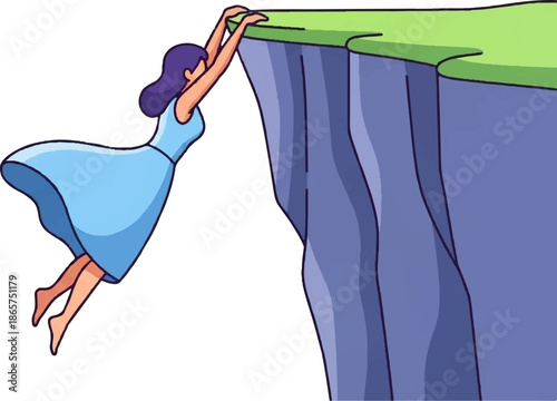 Woman in blue dress dangling from cliff edge, hands gripping grassy precipice