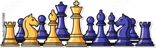 A colorful illustration features a line of stylized chess pieces in gold and blue, ready for play
