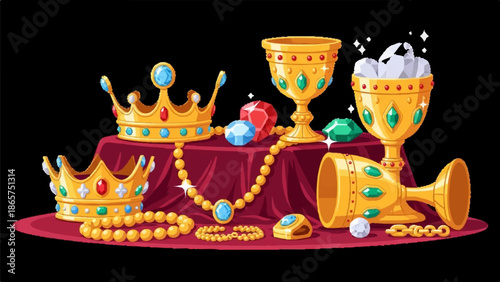 Golden crowns, gem-encrusted goblets, and sparkling jewels rest on a velvet cloth