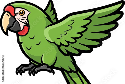 A cartoon green parrot with red cheek patches and black beak is flying with wings outstretched