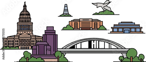 Stylized cityscape with iconic landmarks, including a dome, modern buildings, and a bridge