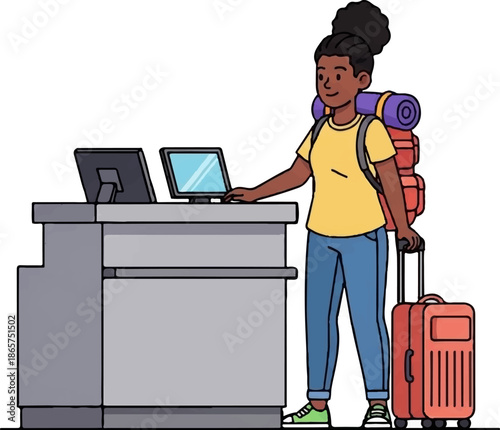 A person with a backpack and suitcase checks in at a counter with computers
