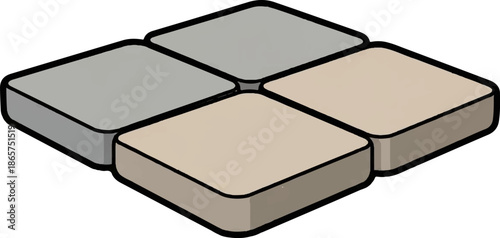 Isometric view of four rounded-edge square paving stones arranged in a diamond pattern