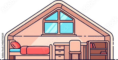 Cozy attic room with a bed, desk, and bookshelf under a triangular window