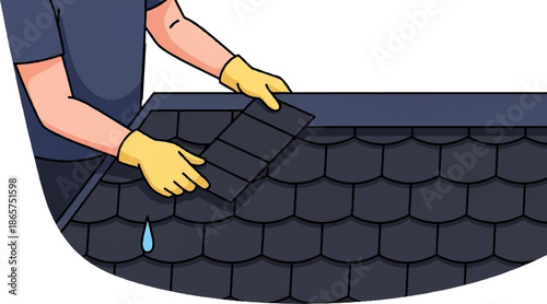 Roofer installing shingles on a dark gray, patterned roof with yellow gloves