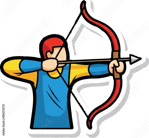 Stylized archer drawing aims bow and arrow, focused pose