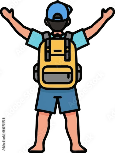 Enthusiastic person with backpack and arms outstretched, ready for adventure