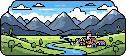 A charming cartoon village nestled by a winding river beneath majestic, snow-capped mountains