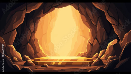 Pixelated cavern entrance with glowing light and golden platform